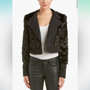 BCBG MAX AZRIA Breton Faux Fur/Leather Jacket Asymmetrical Zip, Moto Style